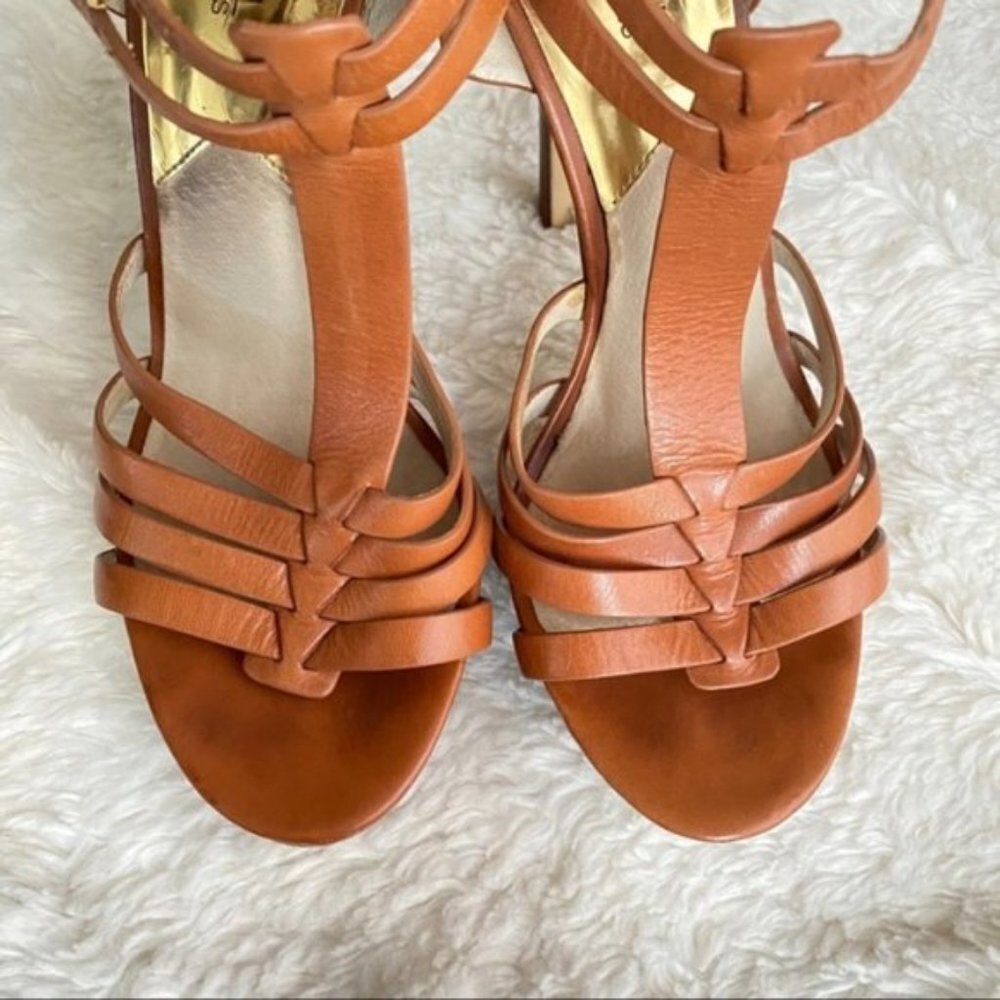 Michael Kors Tan Leather Platform Heels Strappy Sandals Size 10 - Picture 3 of 16